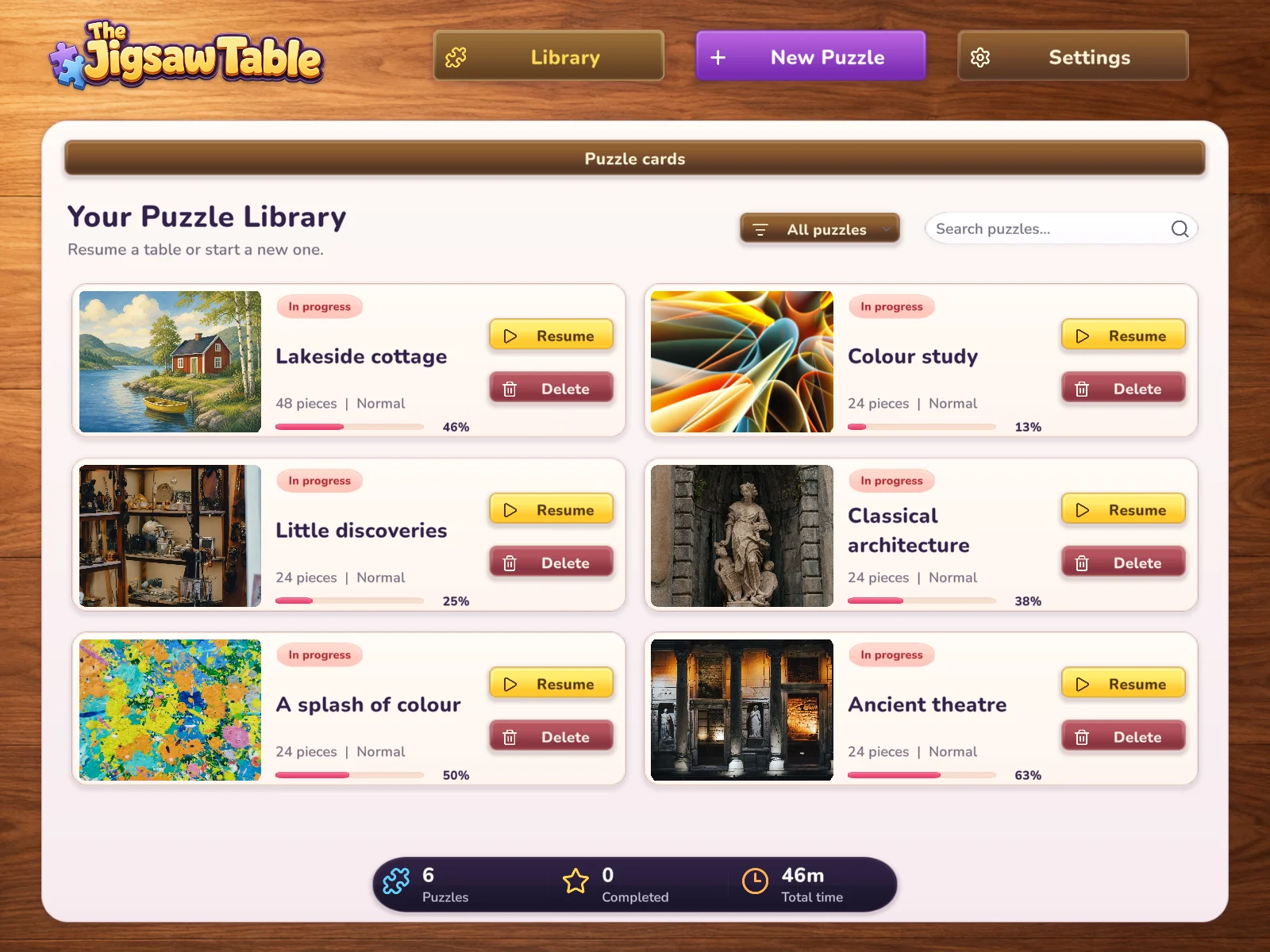 The puzzle library with saved puzzles
