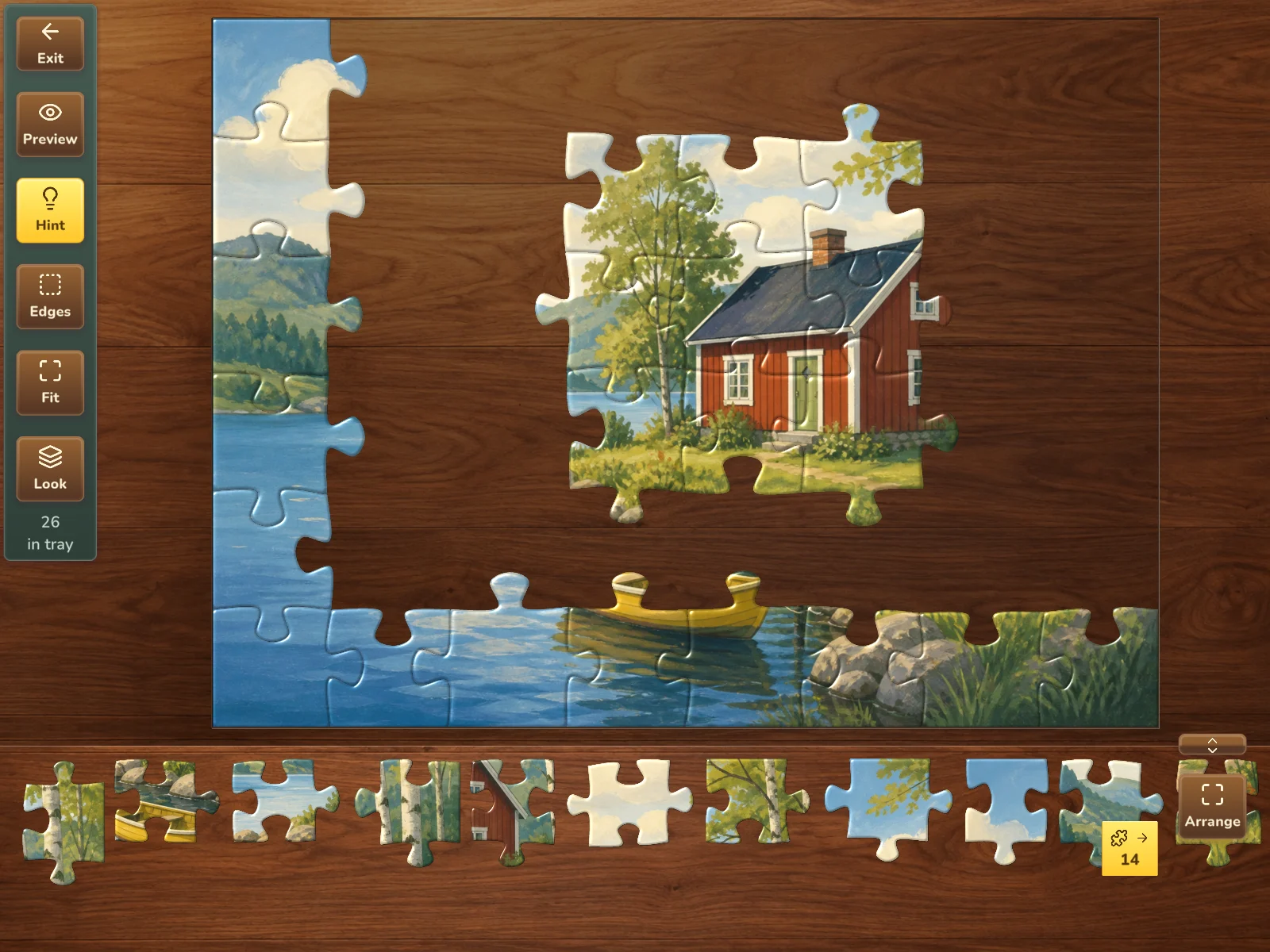 The Jigsaw Table with a lakeside puzzle in progress